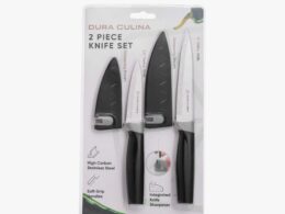 2 Piece Kitchen Knife Set- Paring, and Utility Knife with Matching Blade Guards with Built in Sharpener