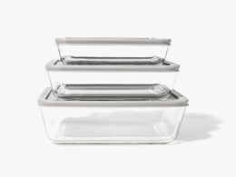 Glass Food Storage Containers - 6 Piece (3 Containers + 3 Lids) Rectangular Nesting Space-Saving Set