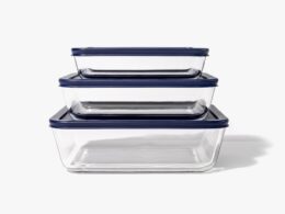 Glass Food Storage Containers - 6 Piece (3 Containers + 3 Lids) Rectangular Nesting Space-Saving Set