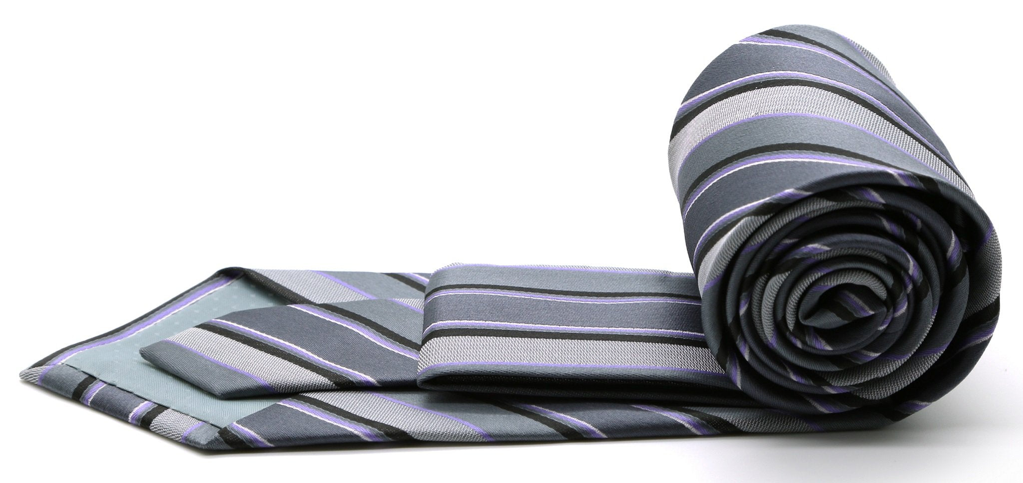 Mens Dads Classic Grey Striped Pattern Business Casual Necktie & Hanky Set DO-4 - Image 2