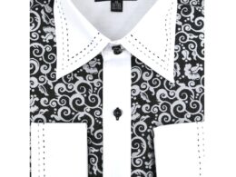 Ferrecci Men's Satine Hi-1006 Black & White Scroll Pattern Button Down Dress Shirt