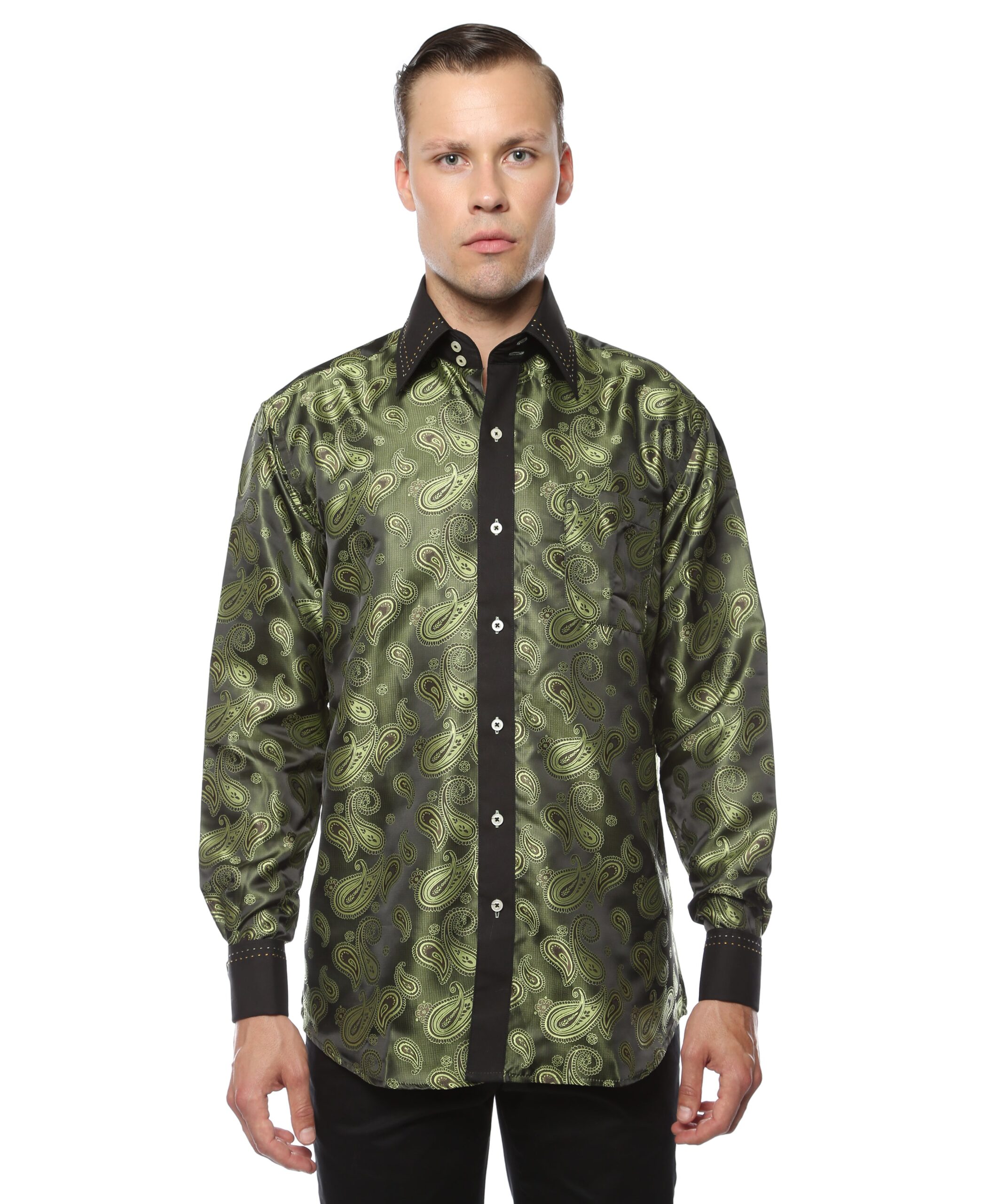Ferrecci Men's Satine Hi-1010 Green Paisley Button Down Dress Shirt - Image 2