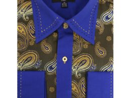 Ferrecci Men's Satine Hi-1019 Blue & Gold Tone Paisley Button Down Dress Shirt