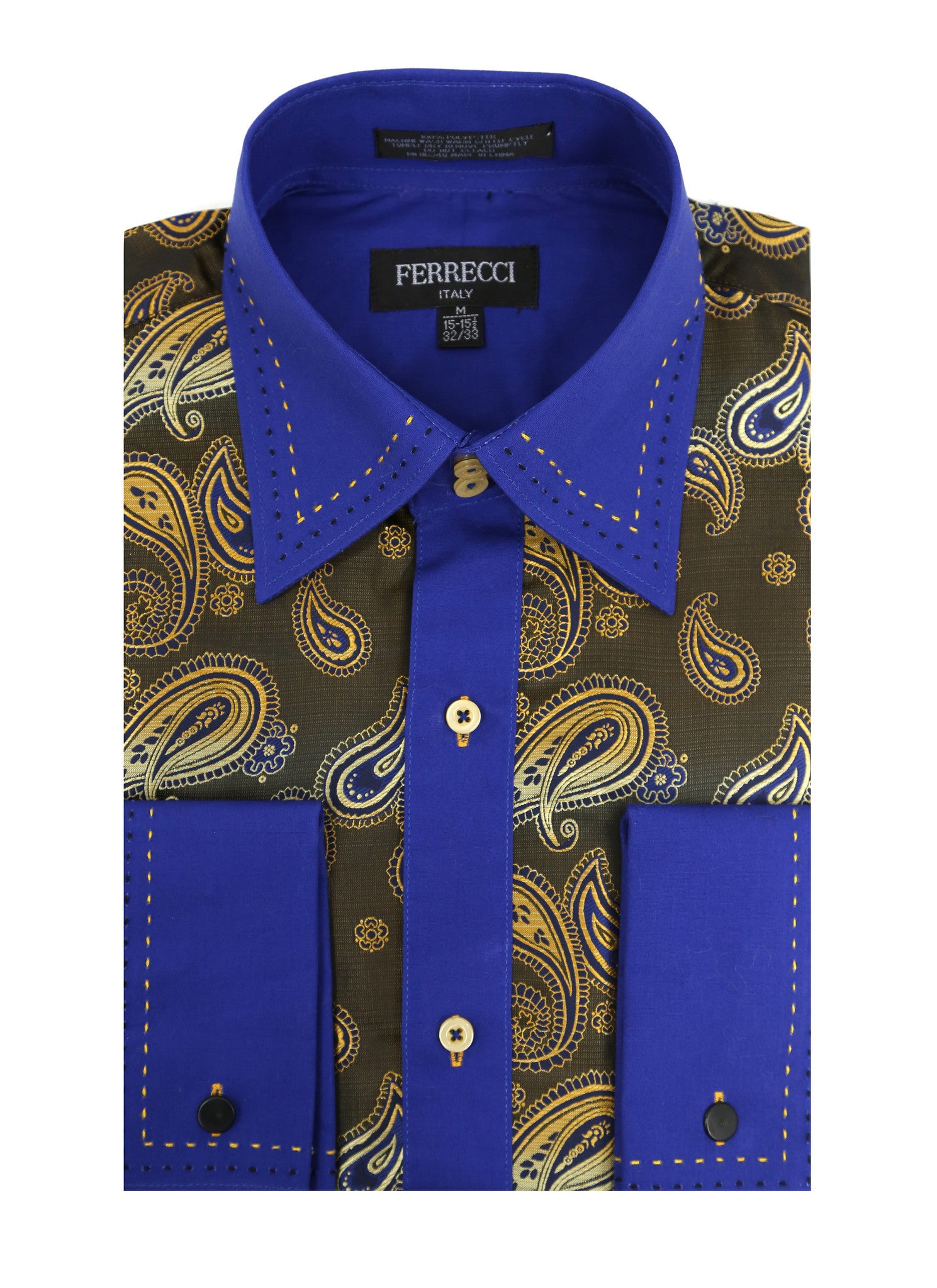 Ferrecci Men's Satine Hi-1019 Blue & Gold Tone Paisley Button Down Dress Shirt - Image 6