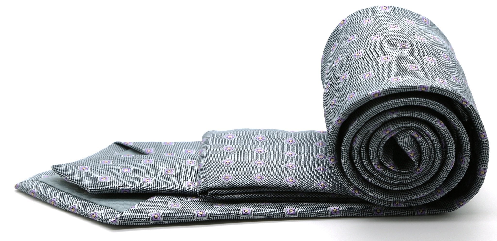 Mens Dads Classic Grey Geometric Pattern Business Casual Necktie & Hanky Set KO-5 - Image 2