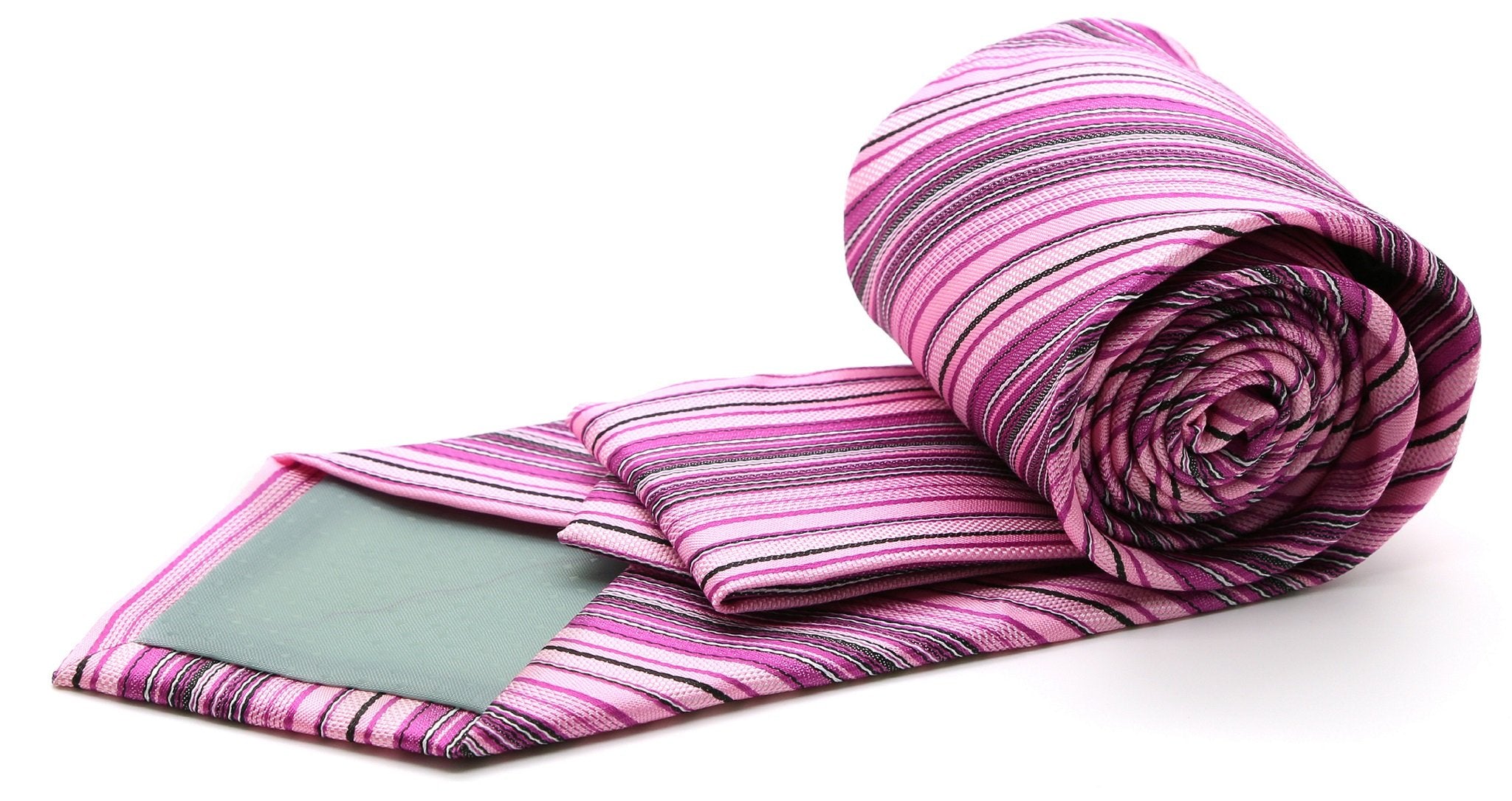 Mens Dads Classic Fuchsia Striped Pattern Business Casual Necktie & Hanky Set S-2 - Image 2