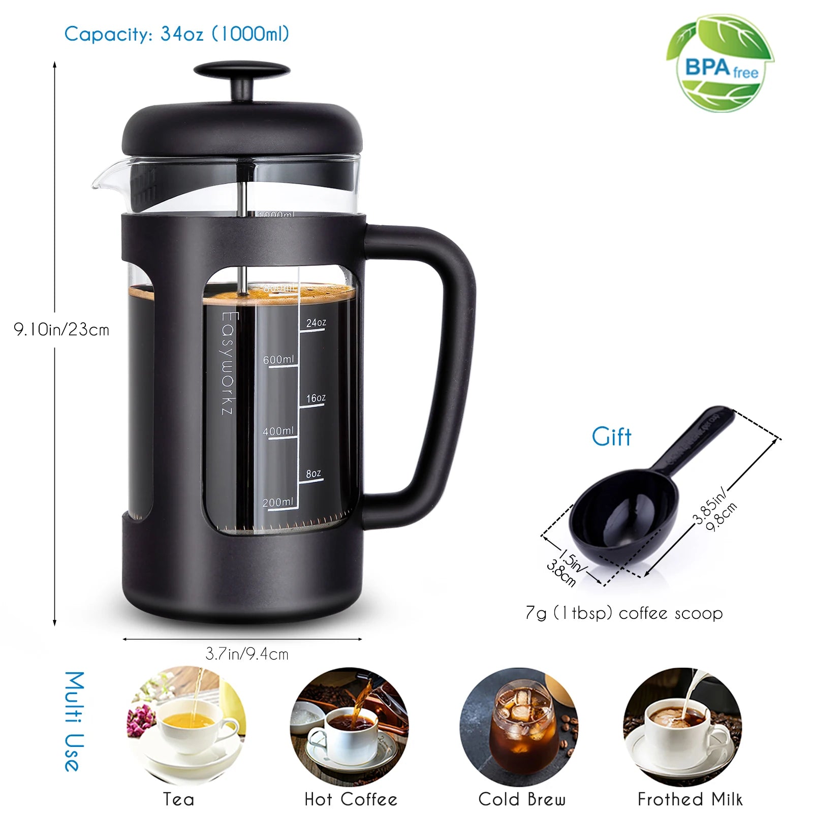 French Press Coffee Tea Maker with Borosilicate Glass,Soft Grip Handle - Image 3