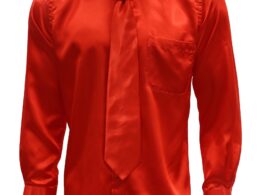 Burnt Red Satin Regular Fit French Cuff Dress Shirt, Tie & Hanky Set