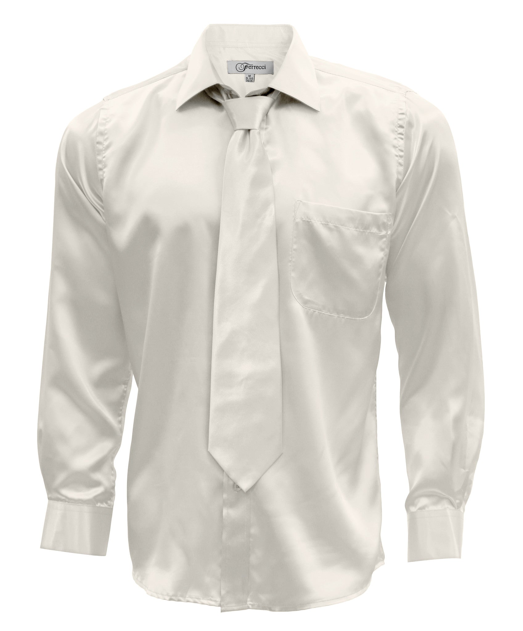 Off White Satin Regular Fit Dress Shirt, Tie & Hanky Set - Image 11