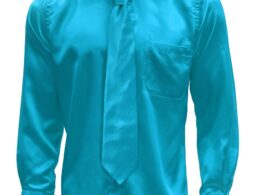 Turquoise Satin Regular Fit French Cuff Dress Shirt, Tie & Hanky Set