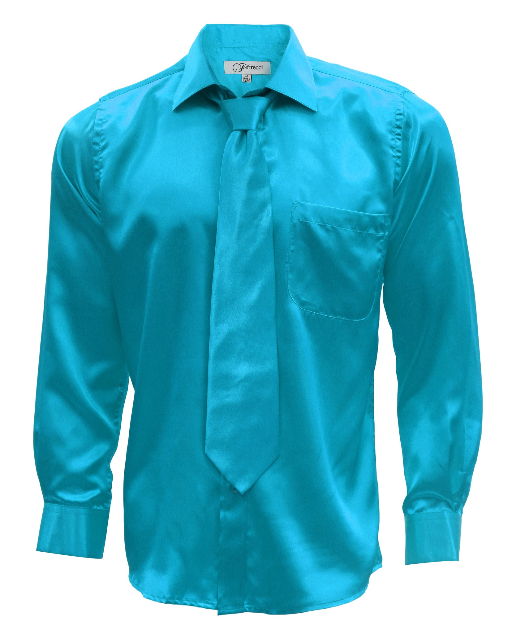 Turquoise Satin Regular Fit French Cuff Dress Shirt, Tie & Hanky Set