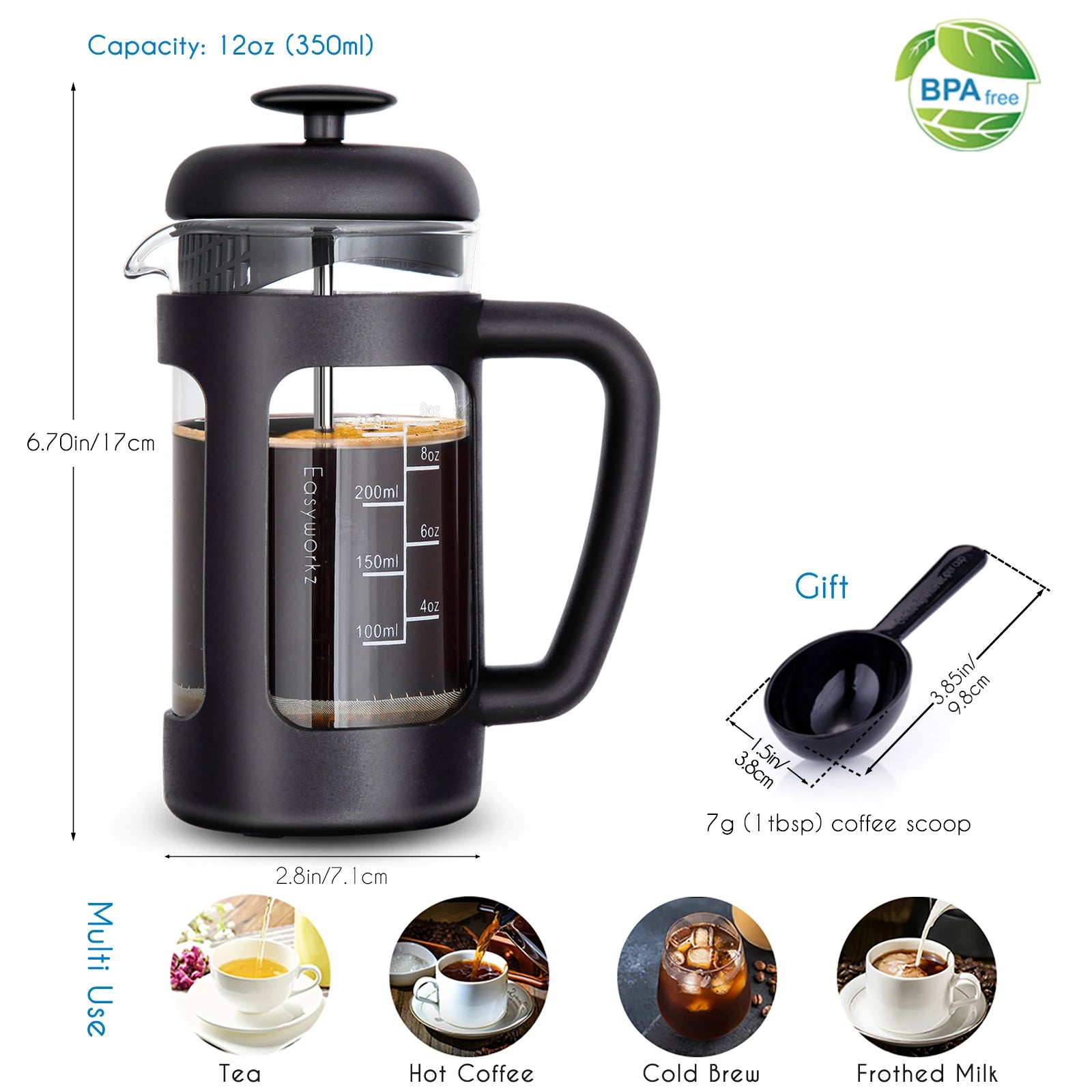 French Press Coffee Tea Maker with Borosilicate Glass,Soft Grip Handle - Image 2