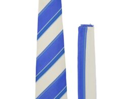 Microfiber Blue Beige Striped Tie and Hankie Set