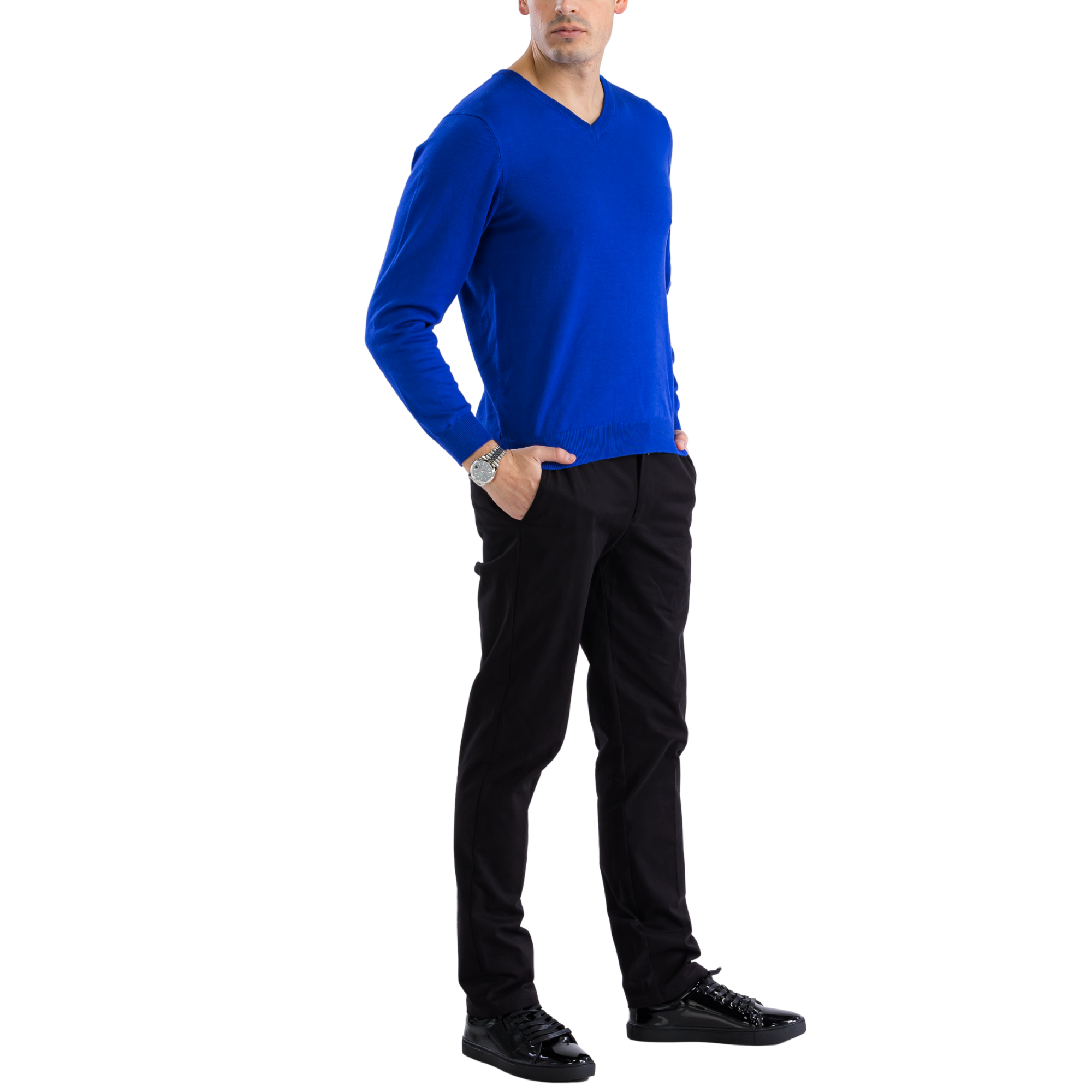 Sam Jacobi Mens Pullover Indigo Knitted Sweater V-neck Stylish Knitwear Long Sleeve Casual Slim Fit - Image 2