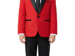 Ultimate Elegance: Boys Red/Black Shawl Collar Tuxedo for Dapper Occasions