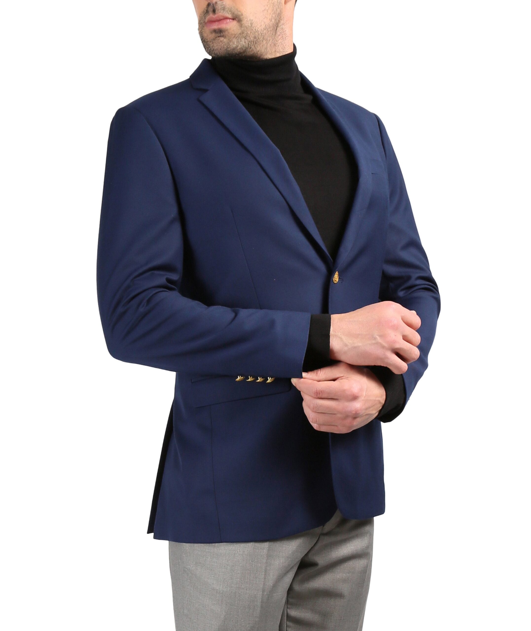 Men's Warwick Gold Button Slim Fit Navy Blazer - Image 2
