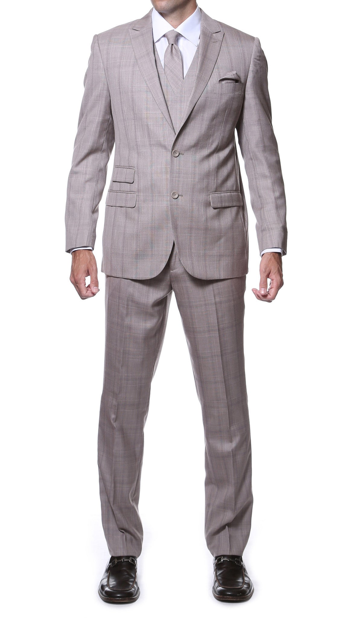 Zillo Sierra Tan 3pc Vested Slim Fit Plaid Suit - Image 27