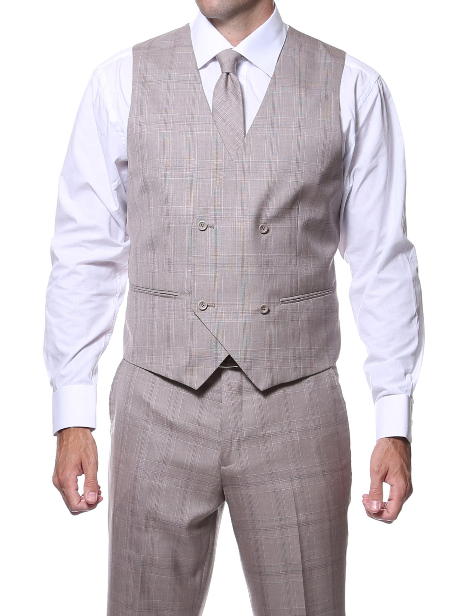 Zillo Sierra Tan 3pc Vested Slim Fit Plaid Suit - Image 4