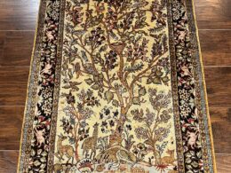 Silk Tree of Life Persian Qum Rug 3x4, Hand Knotted Vintage Carpet, Cream & Black, Very Fine Oriental Rug, Animal Pictorials, Birds