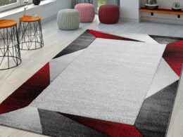 Living Room Rug Madeira Bordered with Geometric Pattern - Grey Red