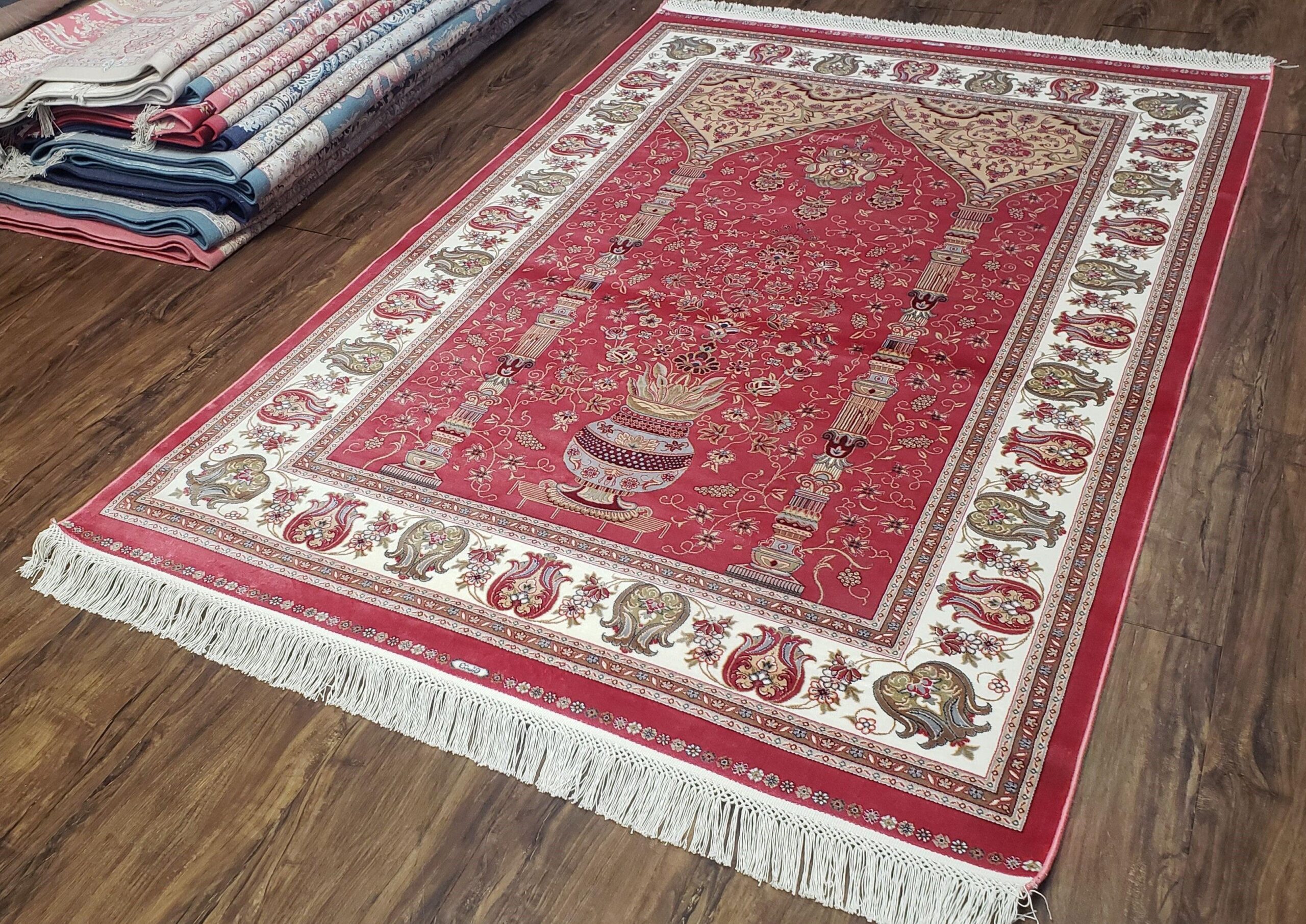4 x 6 Silk Carpet Red, Traditional Oriental Rug 4x6, Flower Vase Columns, Turkish Rug New, High Quality, Bamboo Silk, Area Rug - Image 2