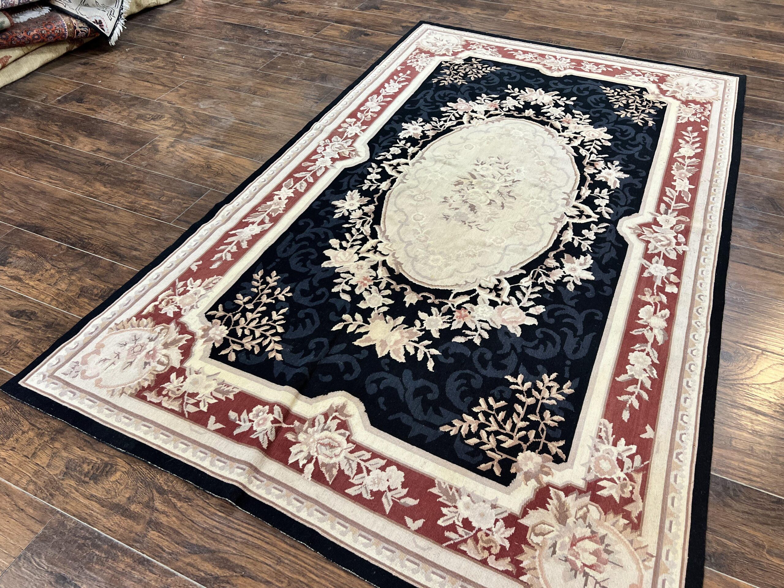 Needlepoint Rug 5x8, Wool Handmade Vintage European Design Carpet, Black & Maroon, French Aubusson Pattern Flatweave Rug - Image 2