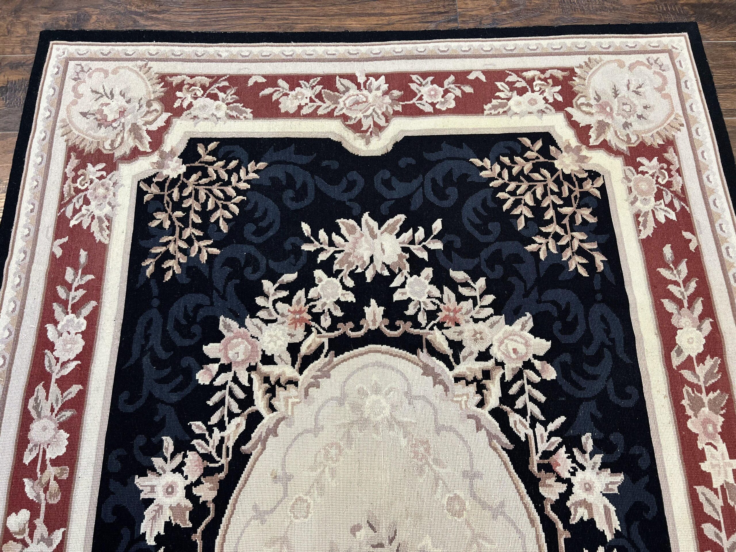 Needlepoint Rug 5x8, Wool Handmade Vintage European Design Carpet, Black & Maroon, French Aubusson Pattern Flatweave Rug - Image 3