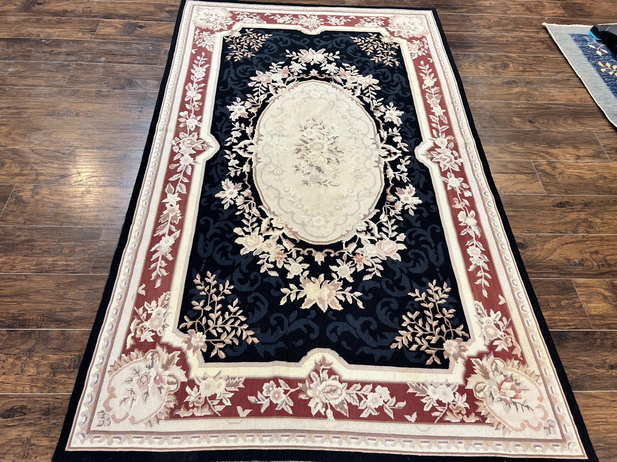 Needlepoint Rug 5x8, Wool Handmade Vintage European Design Carpet, Black & Maroon, French Aubusson Pattern Flatweave Rug
