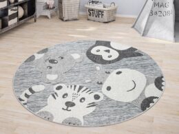 Round Kids Rug Lilo Cute Zoo Animals - Grey
