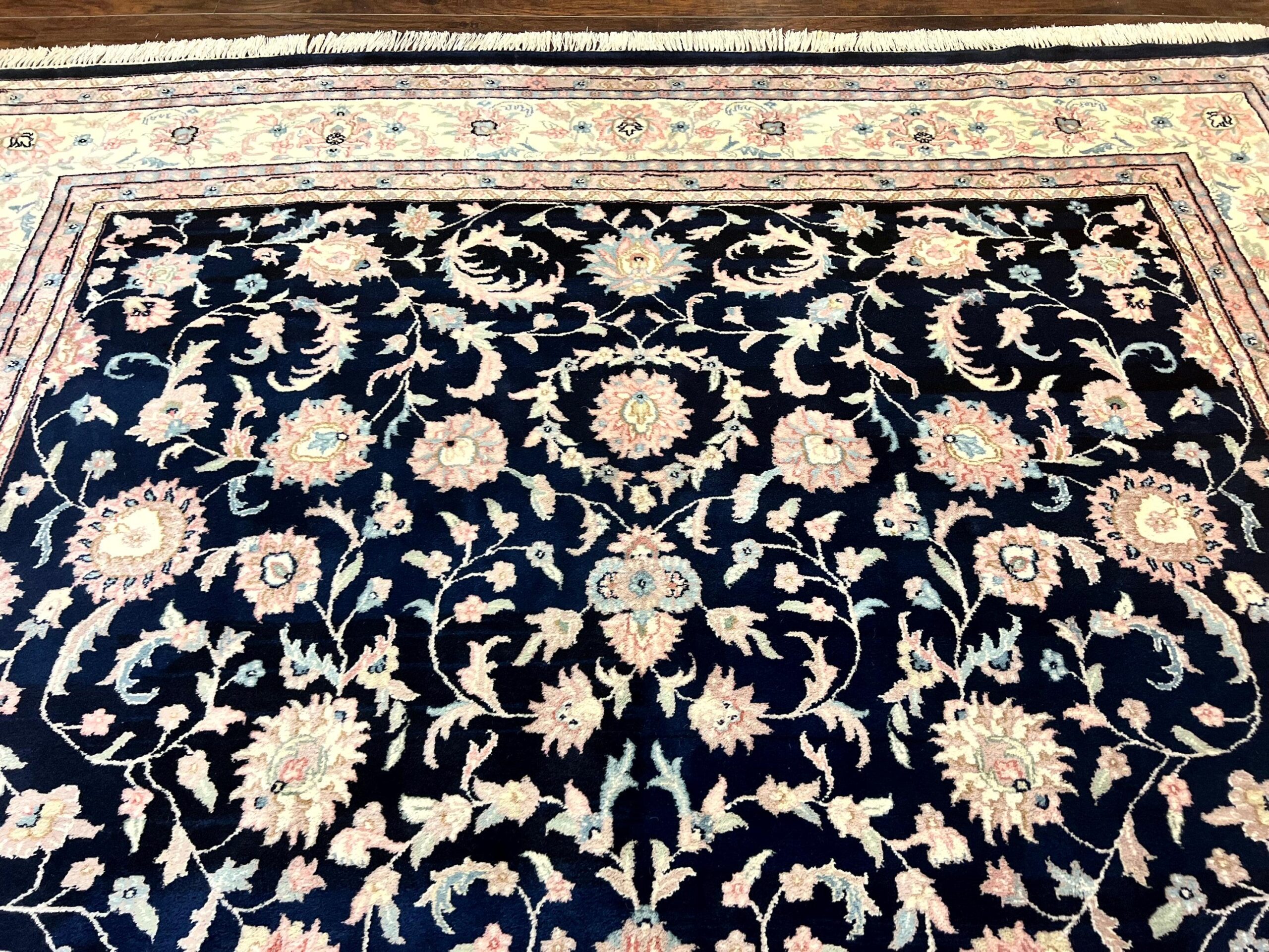 Indo Persian Rug 9x12, Navy Blue and Ivory/Cream, Floral Allover, Wool Vintage Handmade Carpet - Image 4