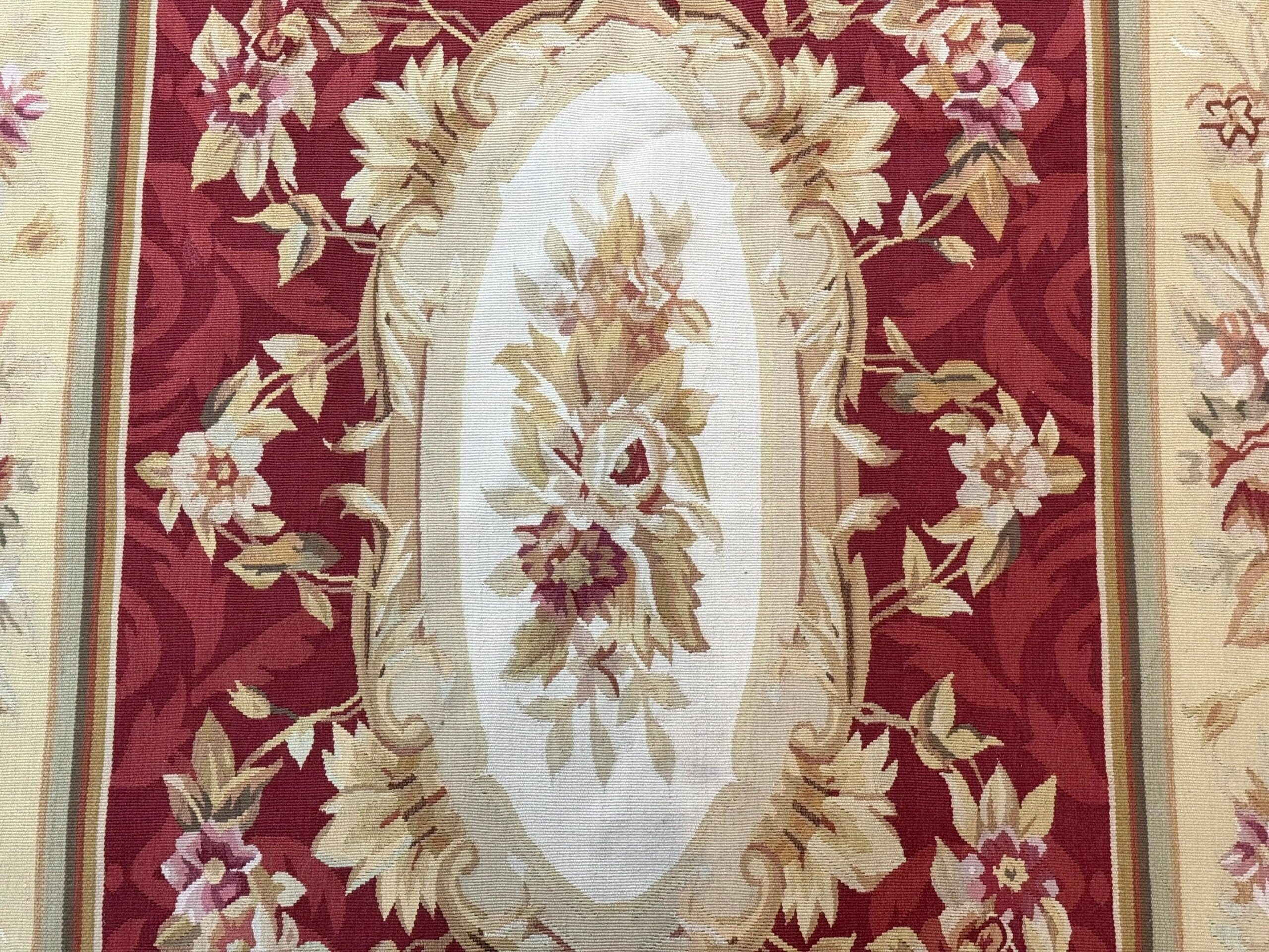 Aubusson Rug 4x6, Red, Floral, European Design, Vintage, Wool - Image 4