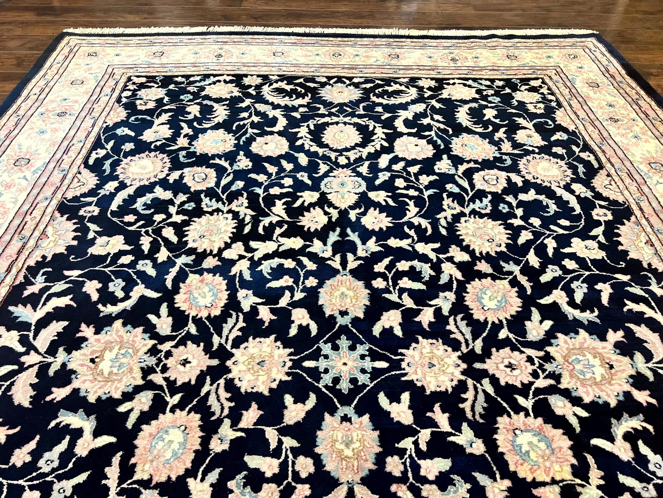 Indo Persian Rug 9x12, Navy Blue and Ivory/Cream, Floral Allover, Wool Vintage Handmade Carpet - Image 5