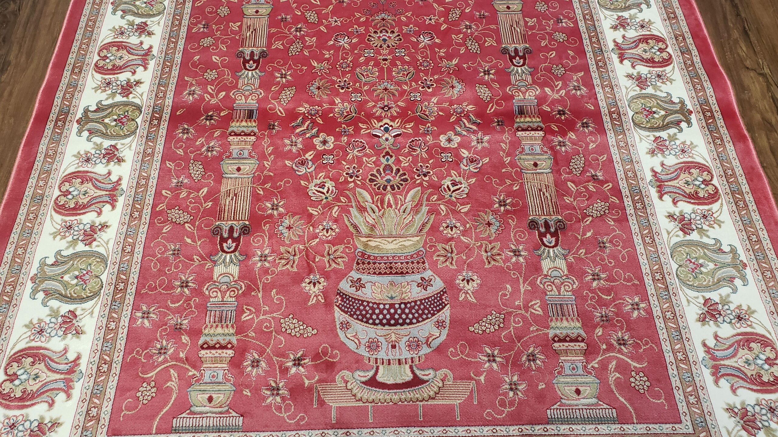4 x 6 Silk Carpet Red, Traditional Oriental Rug 4x6, Flower Vase Columns, Turkish Rug New, High Quality, Bamboo Silk, Area Rug - Image 5