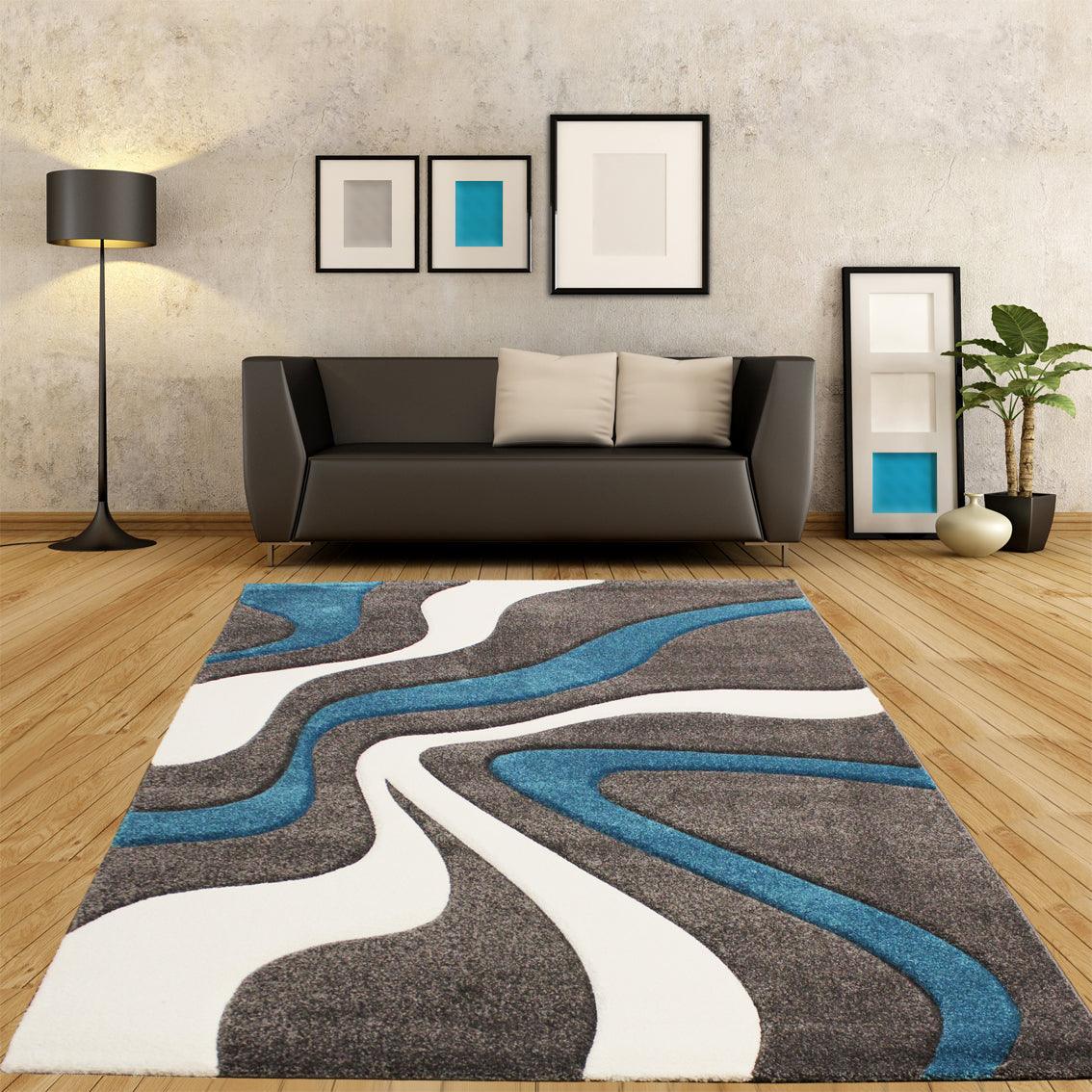 Designer Area Rug with Contour Cut and Modern Wave Pattern - Image 2