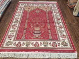 4 x 6 Silk Carpet Red, Traditional Oriental Rug 4x6, Flower Vase Columns, Turkish Rug New, High Quality, Bamboo Silk, Area Rug