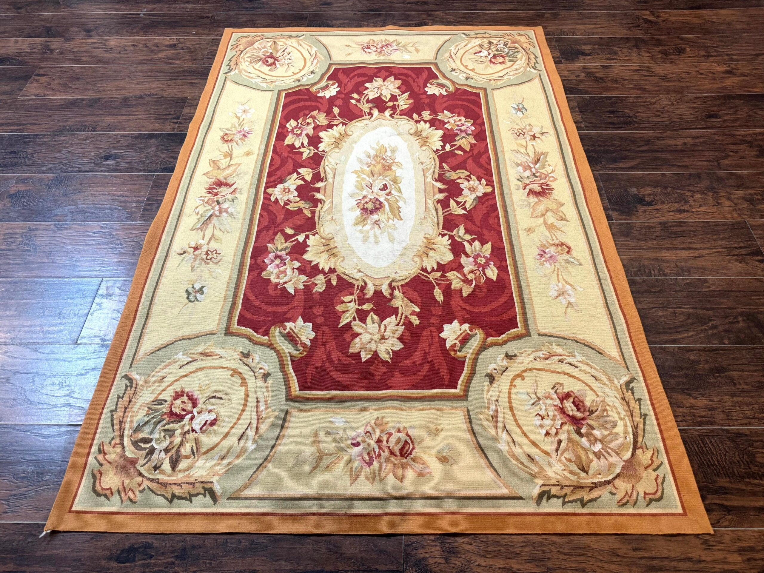 Aubusson Rug 4x6, Red, Floral, European Design, Vintage, Wool