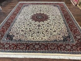 Sino Persian Rug 9x12, Vintage Wool Oriental Carpet, Floral Medallion, Wool Rug, Cream and Maroon