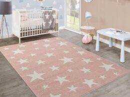 Stars Rug Kids for Nursery in Pink White Pastel Colors