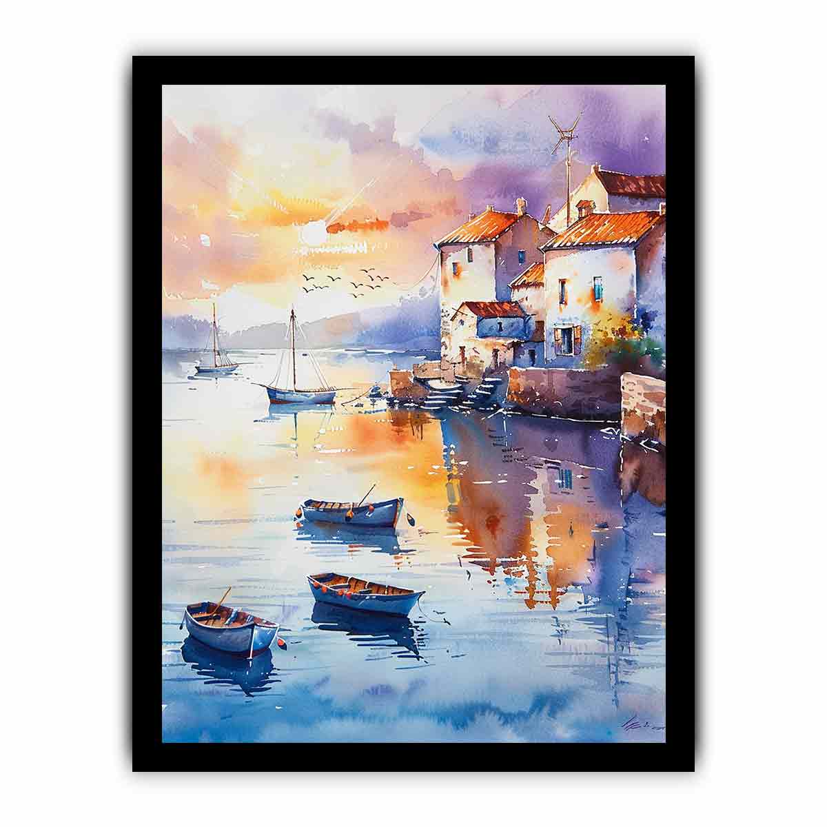 Coastal Village Watercolor Canvas Painting Print - Image 10