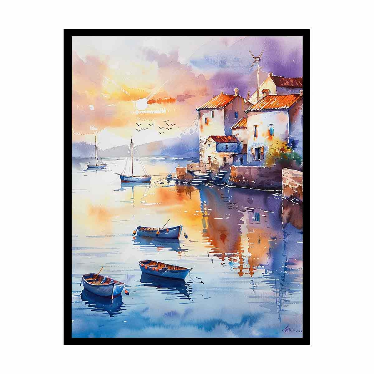 Coastal Village Watercolor Canvas Painting Print - Image 19