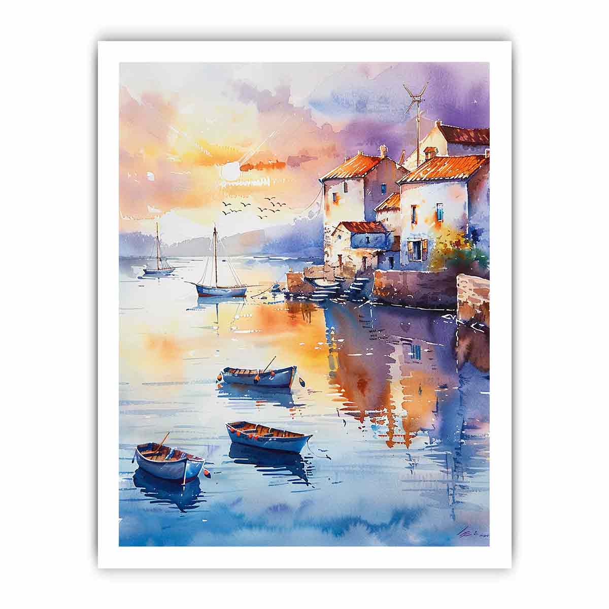 Coastal Village Watercolor Canvas Painting Print - Image 29