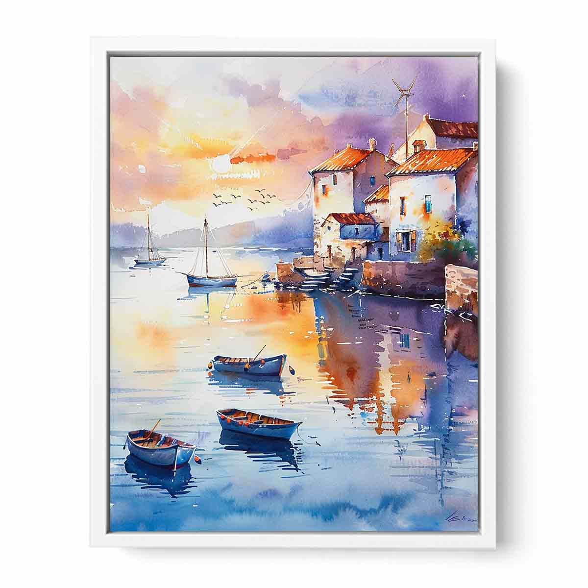 Coastal Village Watercolor Canvas Painting Print - Image 26