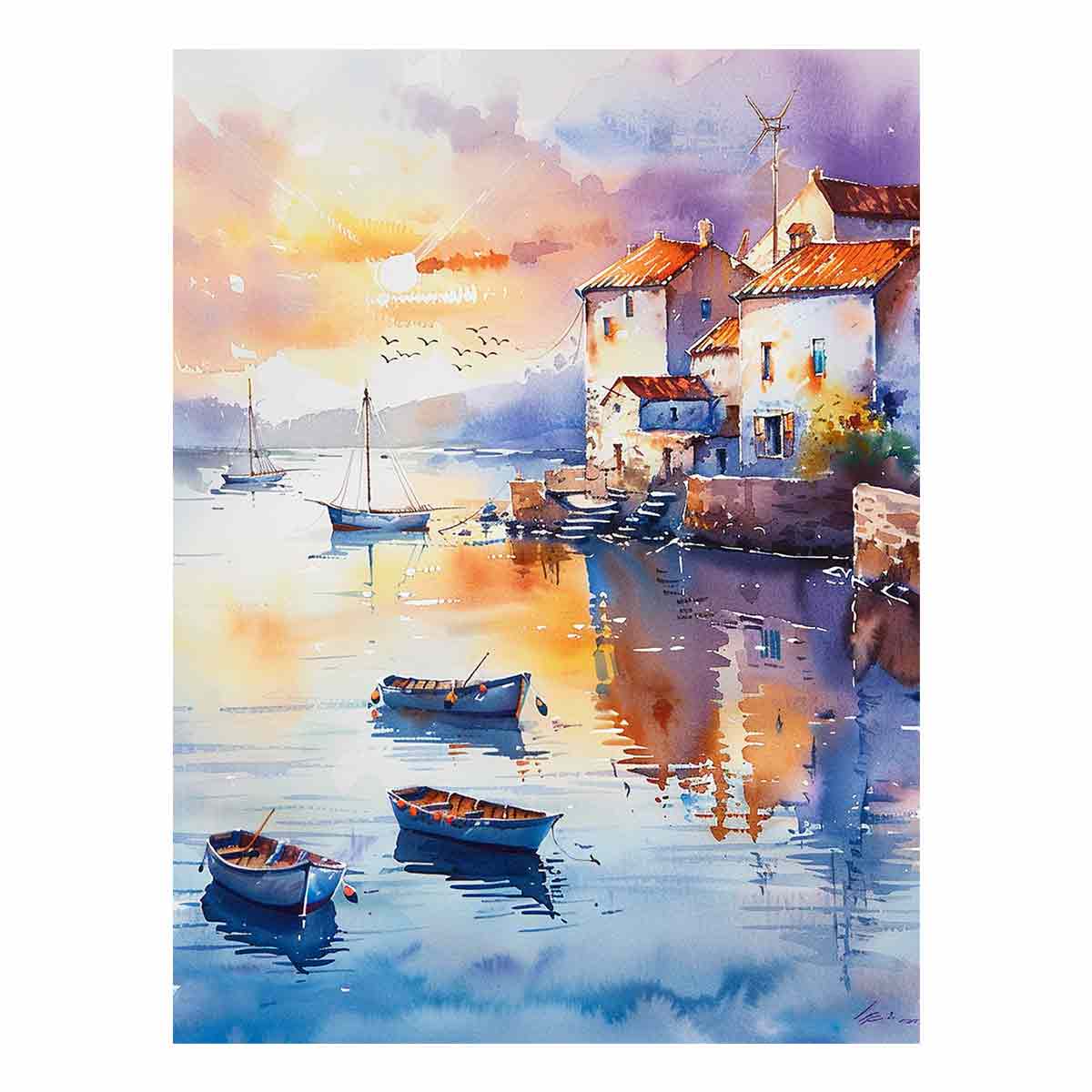 Coastal Village Watercolor Canvas Painting Print