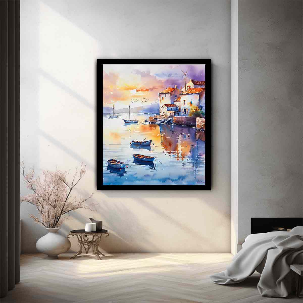 Coastal Village Watercolor Canvas Painting Print - Image 2