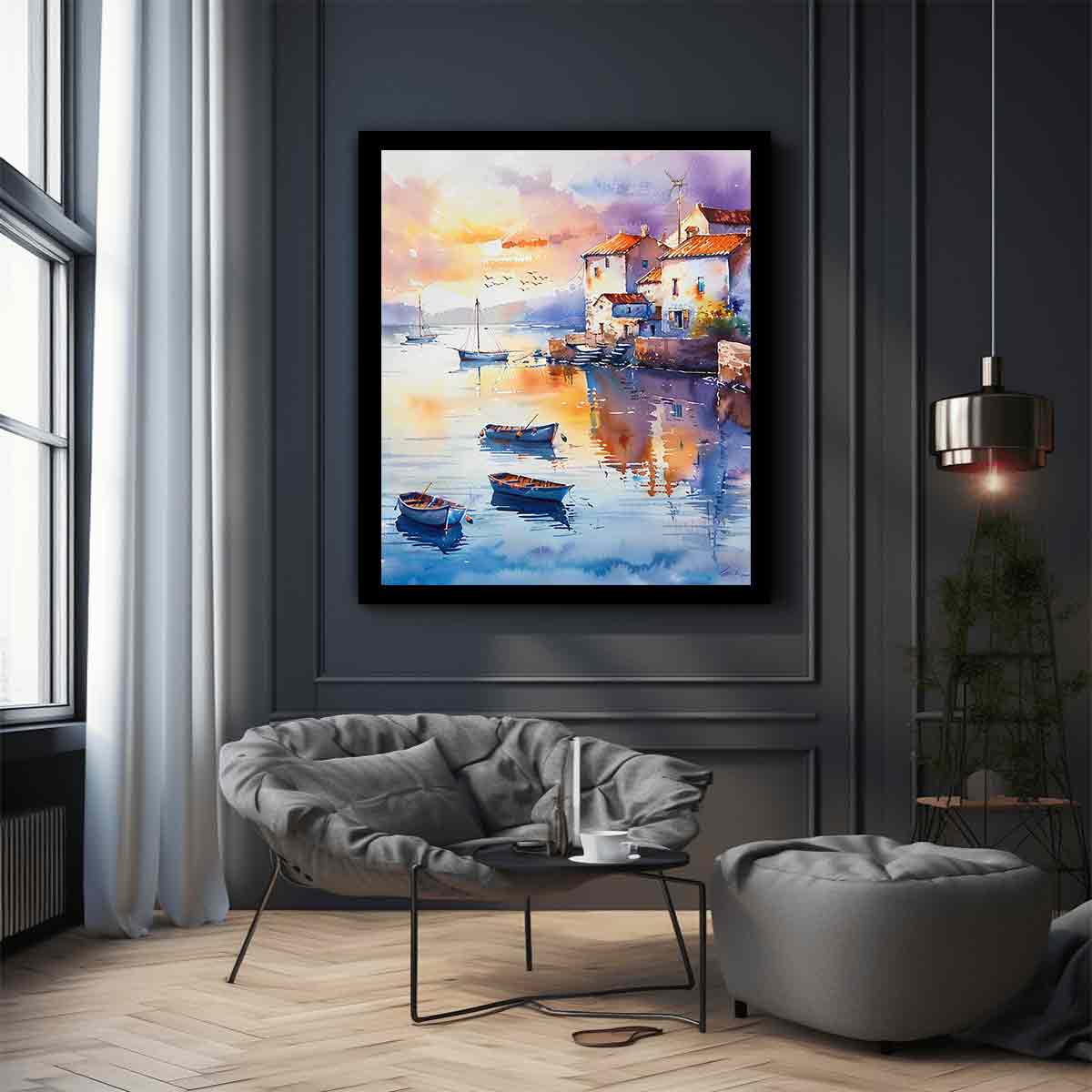 Coastal Village Watercolor Canvas Painting Print - Image 3