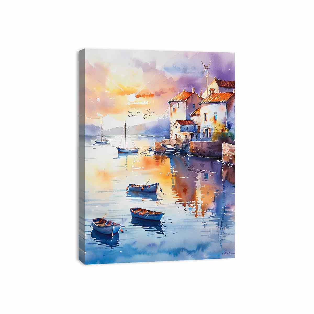 Coastal Village Watercolor Canvas Painting Print - Image 18