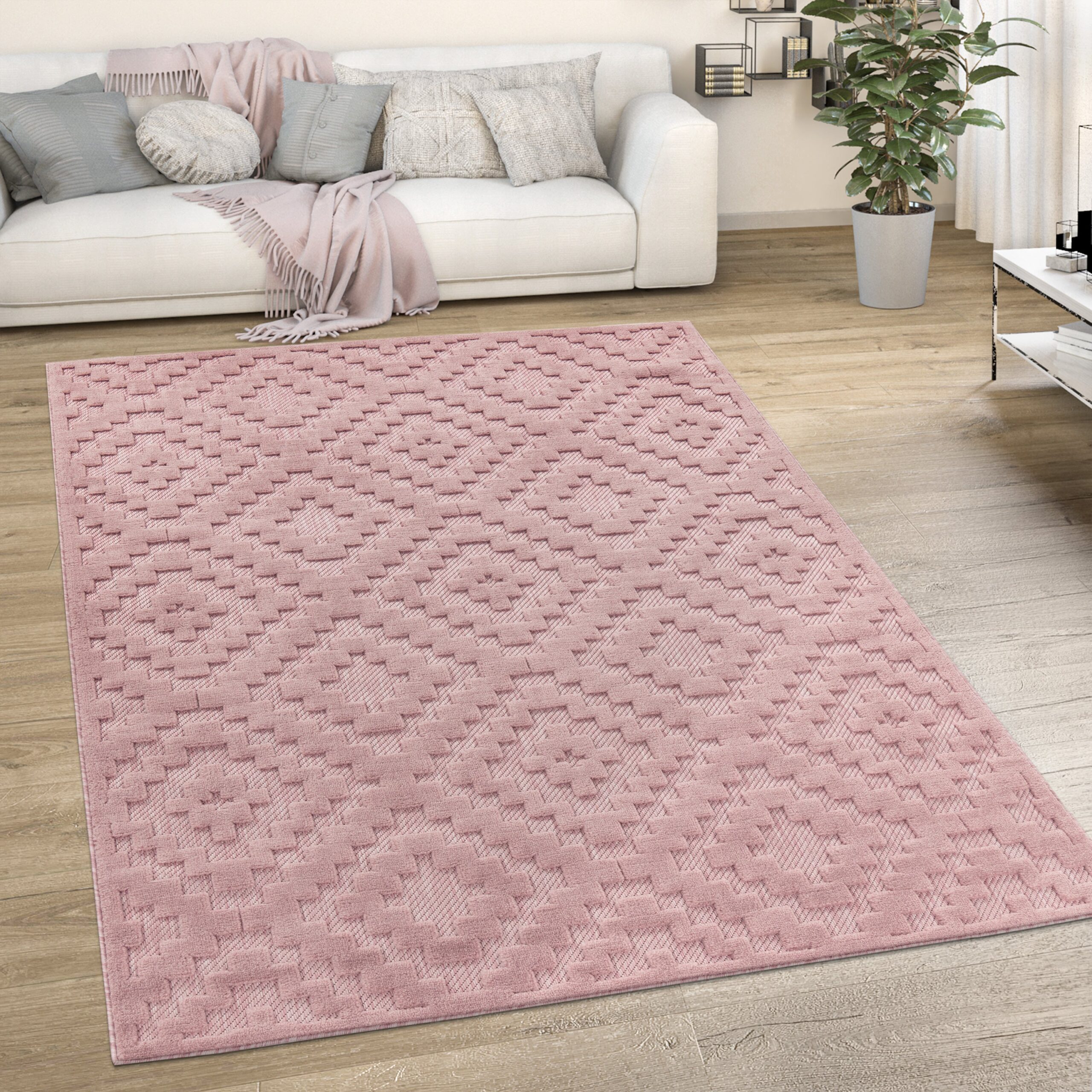 Indoor Outdoor Rug Livorno Trellis High-Low Pattern In Pink - Image 5