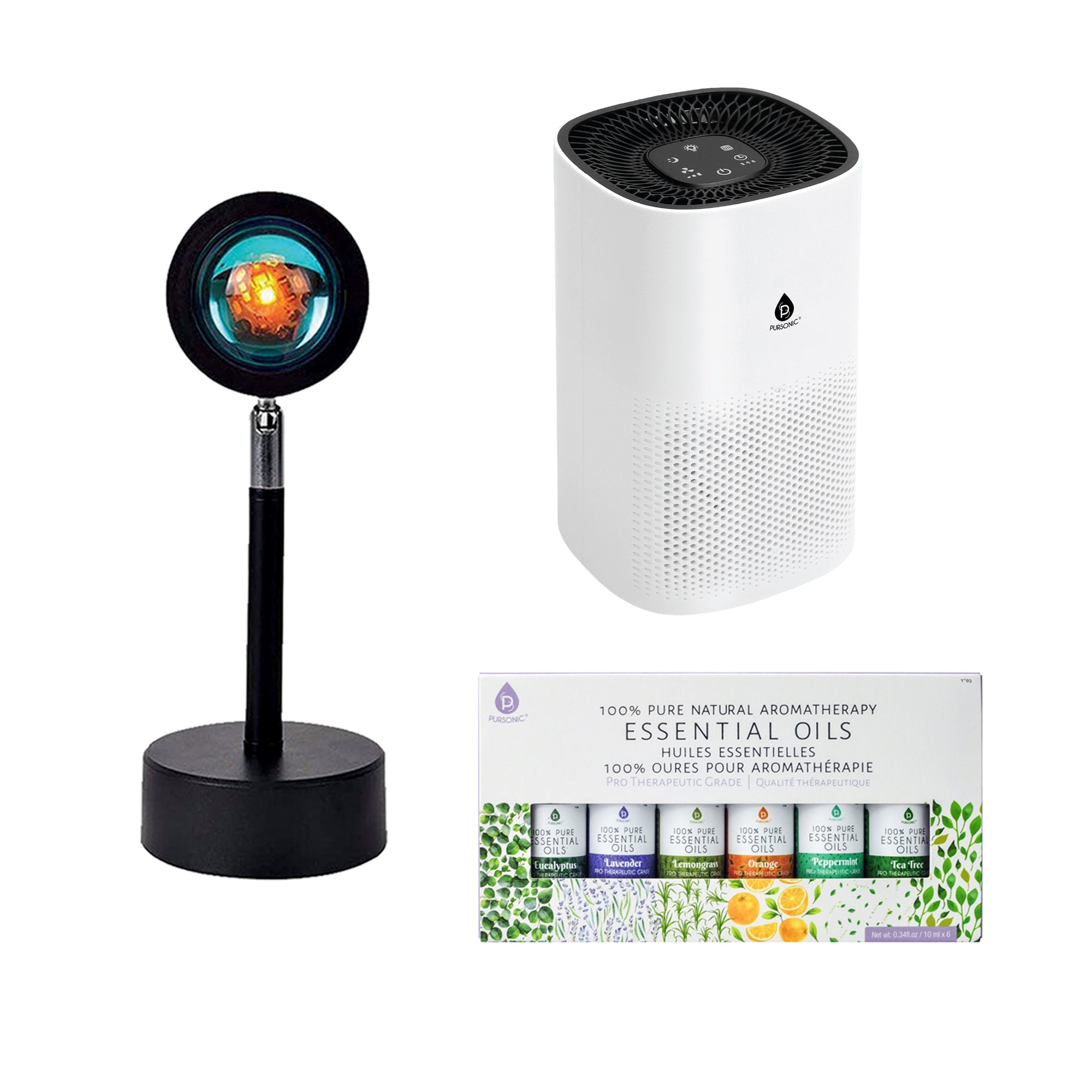 Home Wellness Bundle – True HEPA Air Purifier, Sunset Projector Lamp & 6-Pack Essential Oils