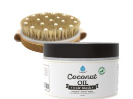 Hair Care and Massage Bundle: Bath Brush and Rubber Massager with Lotus wooden handle + 100% Natural Coconut Oil Hair Mask 10 Oz