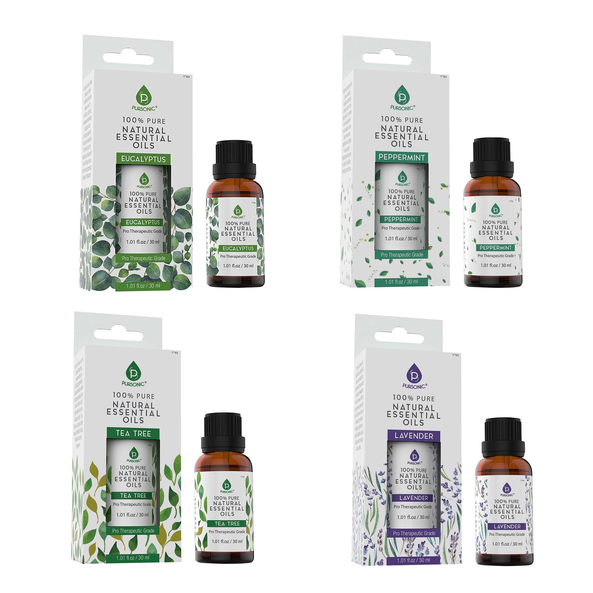 Pursonic 4-Pack Pure & Natural Essential Oils Collection – Eucalyptus, Lavender, Tea Tree, and Peppermint